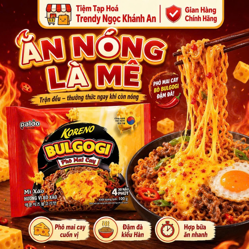 Mì Xào Vị Bò Bulgogi Phô Mai Cay Koreno Gói 100G - Đậm Đà Chuẩn Vị Hàn, Cay Béo Cực Cuốn
