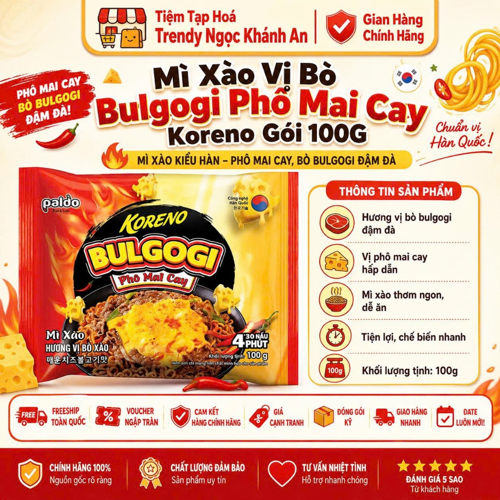 Mì Xào Vị Bò Bulgogi Phô Mai Cay Koreno Gói 100G - Đậm Đà Chuẩn Vị Hàn, Cay Béo Cực Cuốn