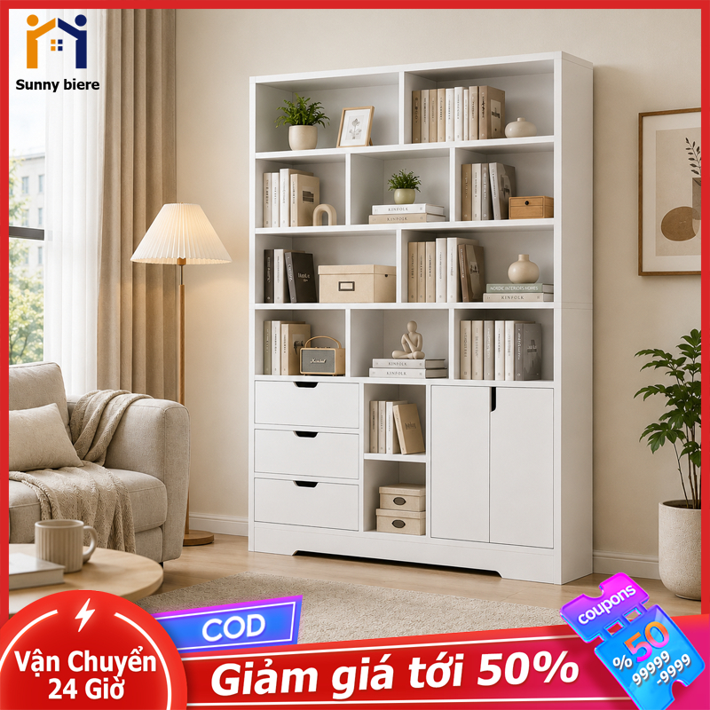 Kệ sách đứng trắng hiện Đại nhiều ngăn Có tủ cửa ngăn kéo Gọn cho phòng nhỏ thuê 𝙎𝙐𝙉𝙉𝙔 𝘽𝙄𝙀𝙍𝙀