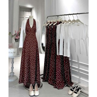 Đầm thời trang nữ chất vải đũi vân mây in chấm bi thiét kế cọc tay cổ V phối áo khoác dài tay dáng váy đuôi cá