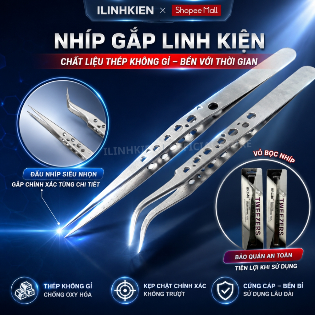 Nhíp gắp linh kiện điện tử màu trắng thép không gỉ dạng lỗ cao cấp chất lượng cao ilinhkien.