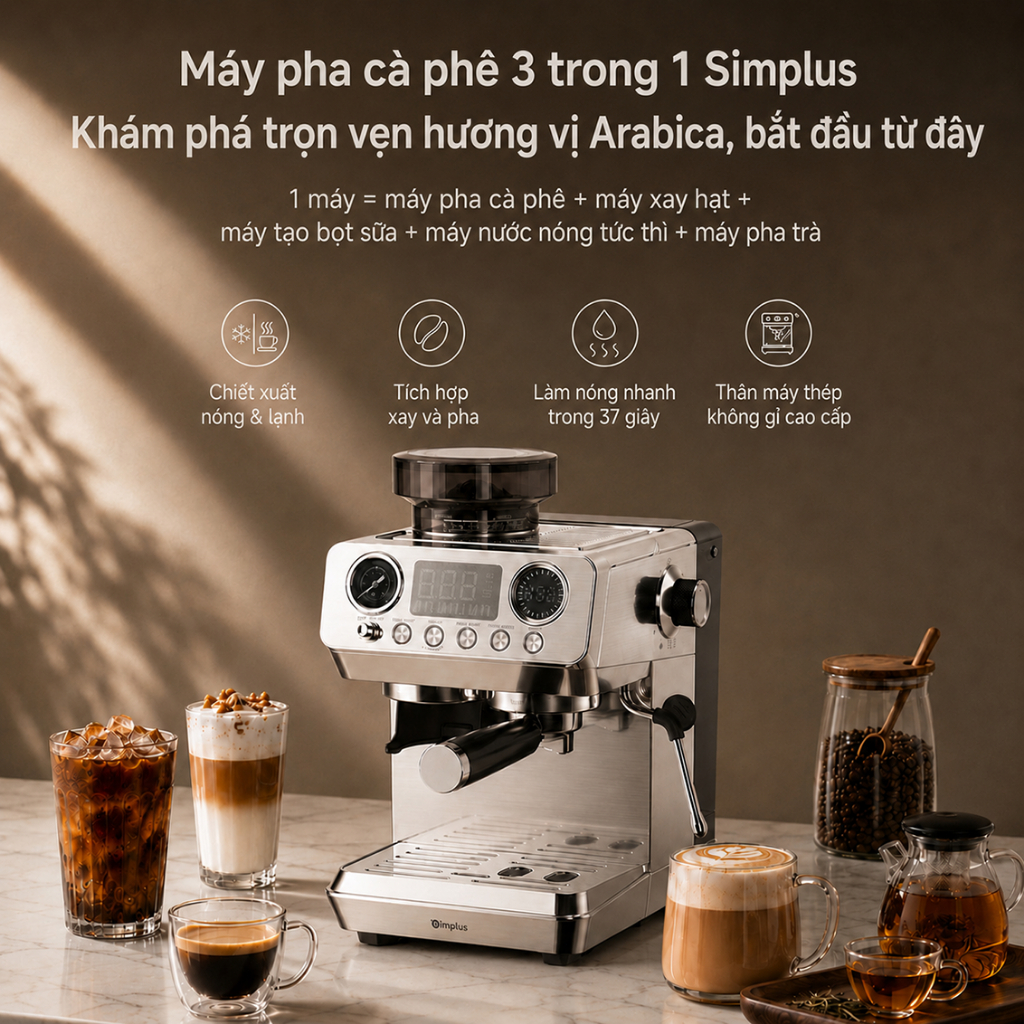 Simplus Máy pha cà phê espresso bán tự động tích hợp xay–chiết xuất–tạo ...