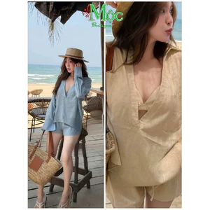 Set bộ 3 món, set áo sơ mi Đũi nhăn cao cấp gồm áo khoác áo hai dây + quần short mặc đi biển xinh