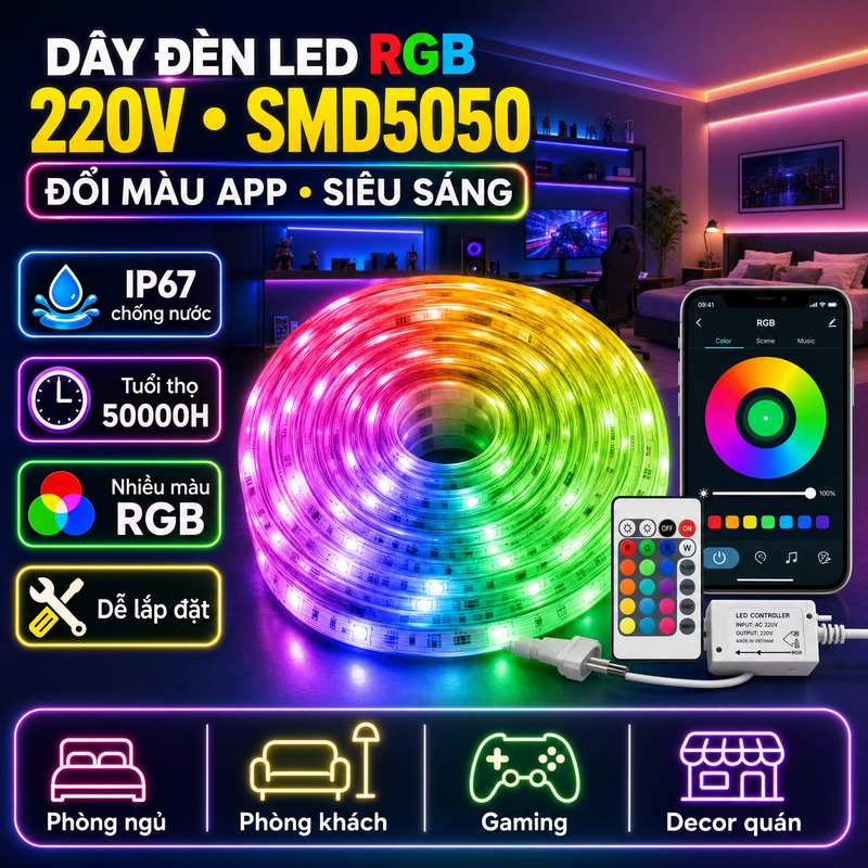 Dây Đèn LED RGB 220V IP67 SMD5050, Đổi Màu APP, Tuổi Thọ 50000H, Trang Trí Phòng Ngủ