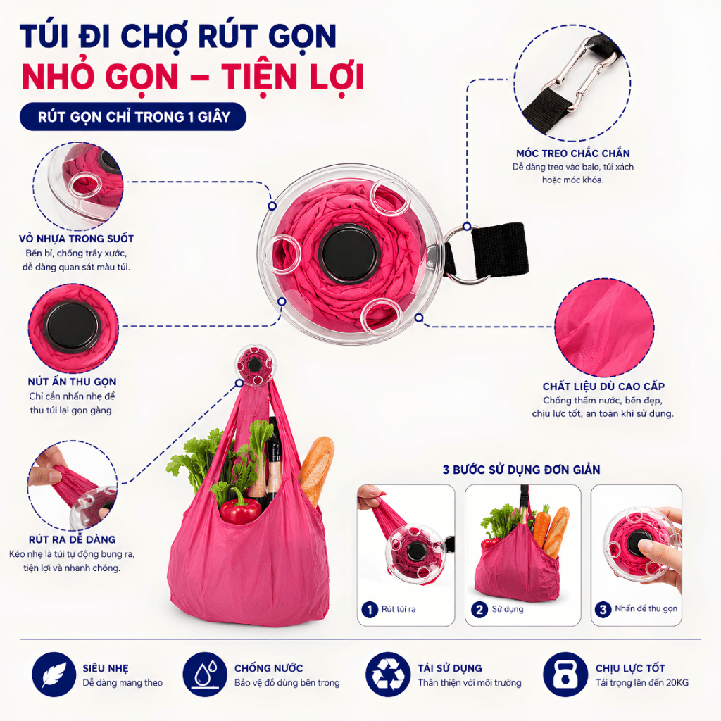 Túi Đi Chợ Rút Gọn HomeMate Tự Cuộn Thông Minh, Túi Mua Sắm Tái Sử Dụng Chống Nước Đi Siêu Thị Du Lịch Tiện Lợi