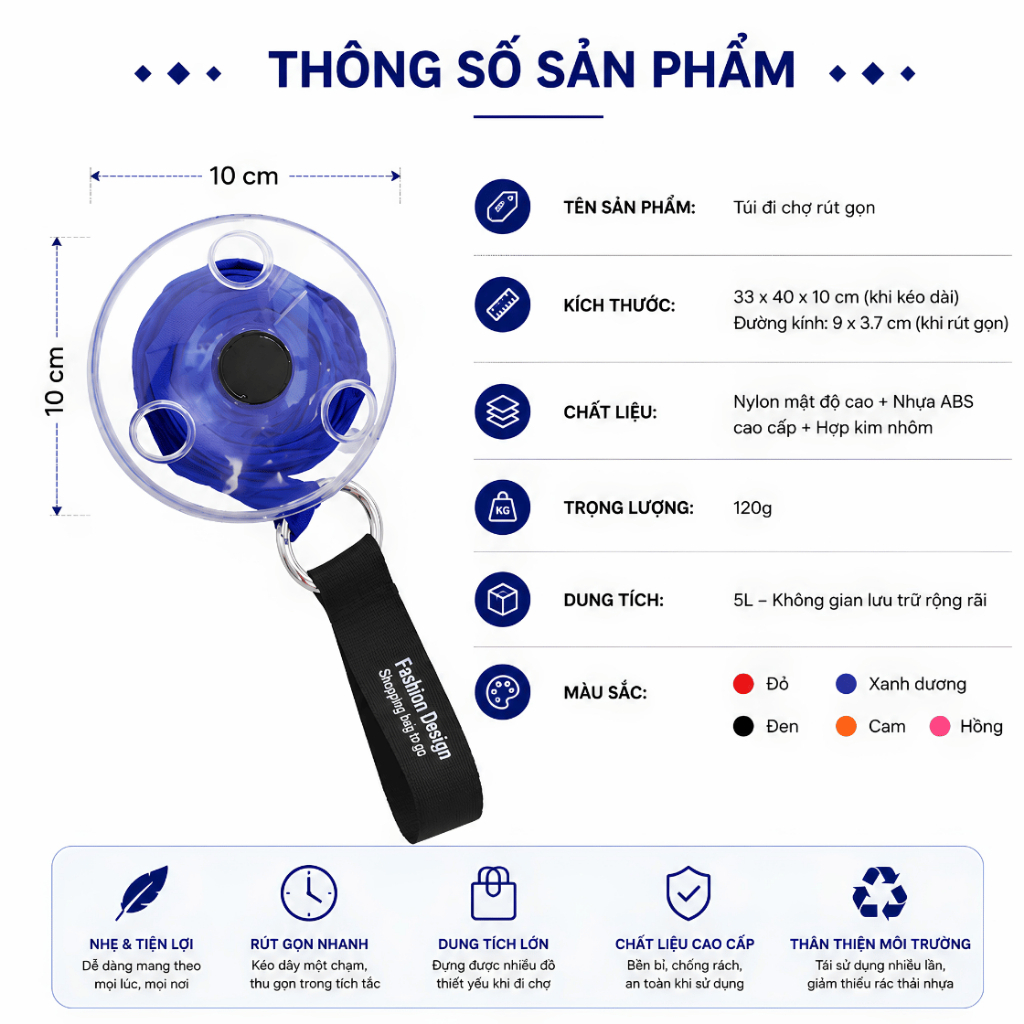 Túi Đi Chợ Rút Gọn HomeMate Tự Cuộn Thông Minh, Túi Mua Sắm Tái Sử Dụng Chống Nước Đi Siêu Thị Du Lịch Tiện Lợi