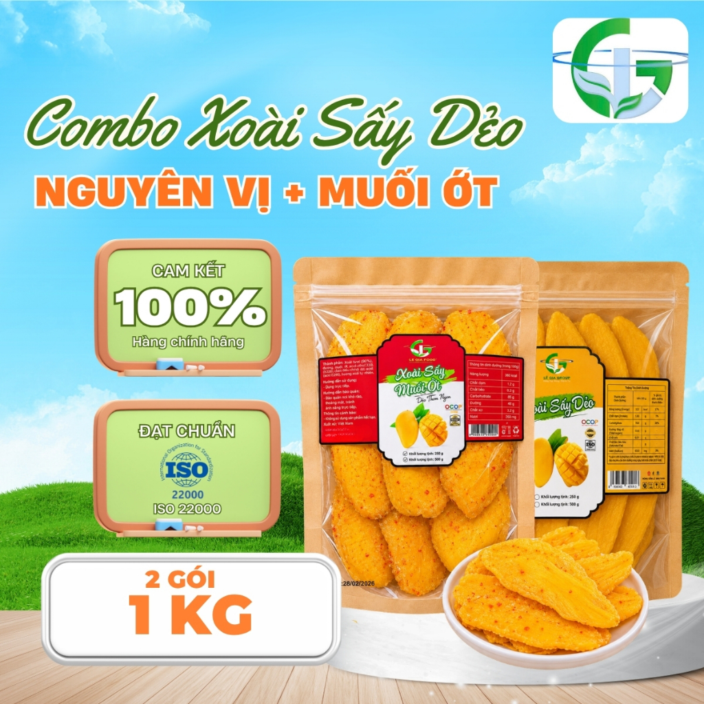 Combo xoài sấy dẻo Lê Gia Food 2 gói 1kg vị nguyên và muối ớt đặc sản trái cây sấy ăn vặt