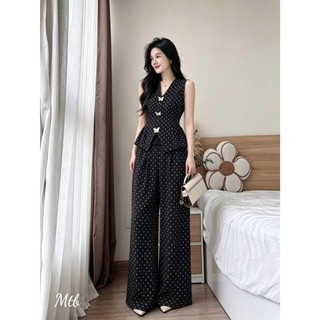 Set bộ thời trang nữ sang trọng chất vải mango cao cấp thiết kế chấm bi cọc tay cổ V phối quần dài ống rộng kèm phụ kiện