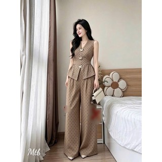 Set bộ thời trang nữ sang trọng chất vải mango cao cấp thiết kế chấm bi cọc tay cổ V phối quần dài ống rộng kèm phụ kiện