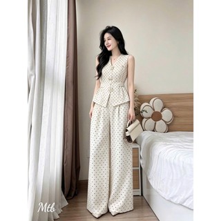 Set bộ thời trang nữ sang trọng chất vải mango cao cấp thiết kế chấm bi cọc tay cổ V phối quần dài ống rộng kèm phụ kiện