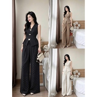 Set bộ thời trang nữ sang trọng chất vải mango cao cấp thiết kế chấm bi cọc tay cổ V phối quần dài ống rộng kèm phụ kiện