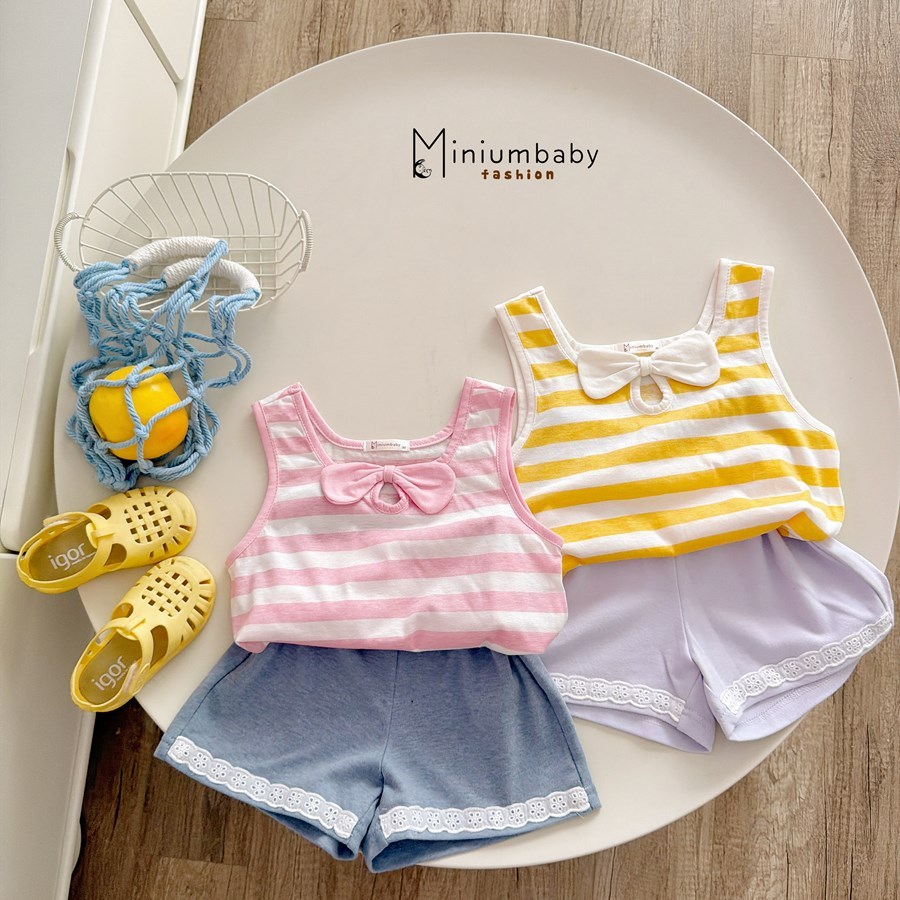 Set bộ sát nách bé gái Miniumbaby cổ đính nơ mix quần đùi ren viền cute, chất cotton mềm mát SB2750