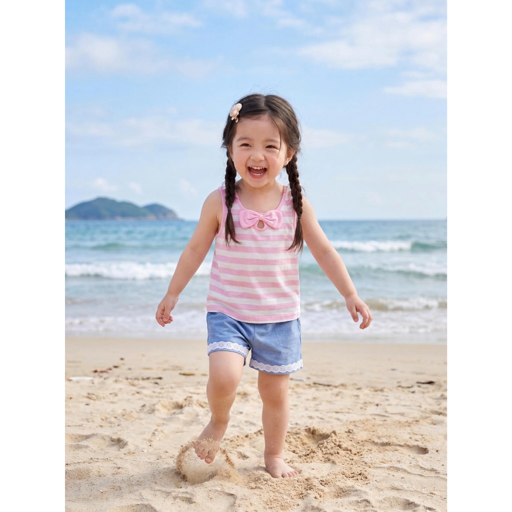 Set bộ sát nách bé gái Miniumbaby cổ đính nơ mix quần đùi ren viền cute, chất cotton mềm mát SB2750