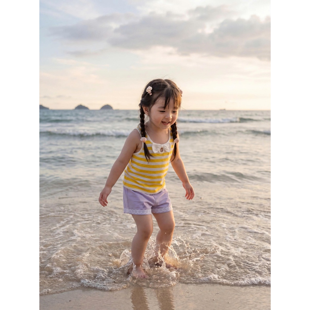Set bộ sát nách bé gái Miniumbaby cổ đính nơ mix quần đùi ren viền cute, chất cotton mềm mát SB2750