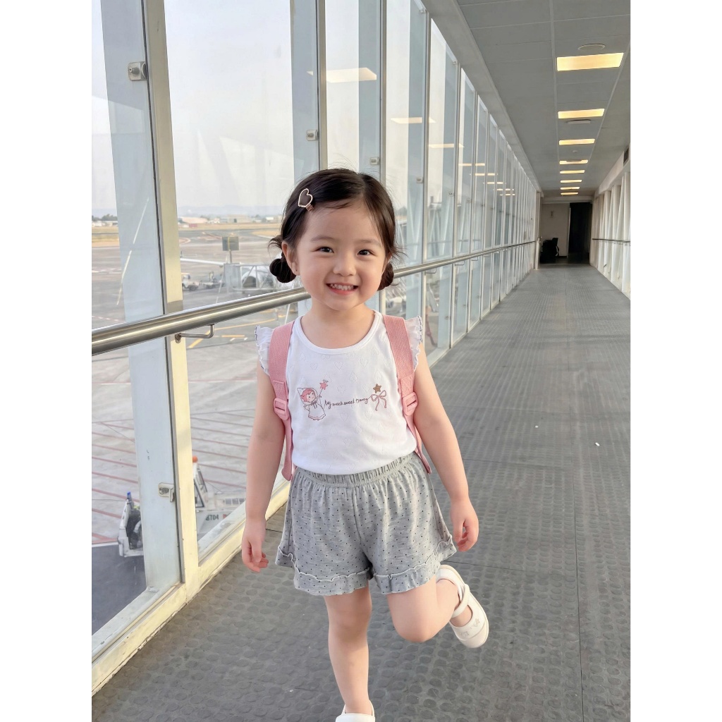 Set bộ cộc tay bé gái Miniumbaby cổ thuyền nơ viền mix quần váy bánh bèo, chất vải cotton mềm SB2764