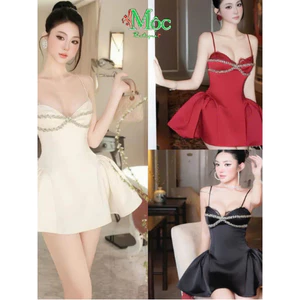 Đầm váy ngắn, đầm TK 2 dây phối viền đá Tapta có mút ngực, váy xoè bồng có quần sexy quyến rũ (AXT)