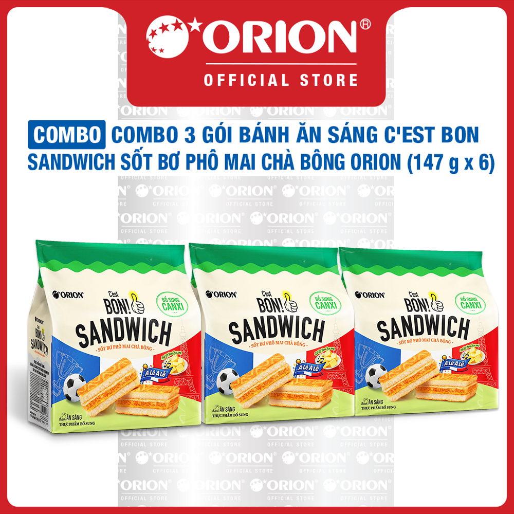 Combo 3 gói bánh ăn sáng C'est Bon Sandwich Sốt Bơ Phô Mai Chà Bông Orion (147G x 6)