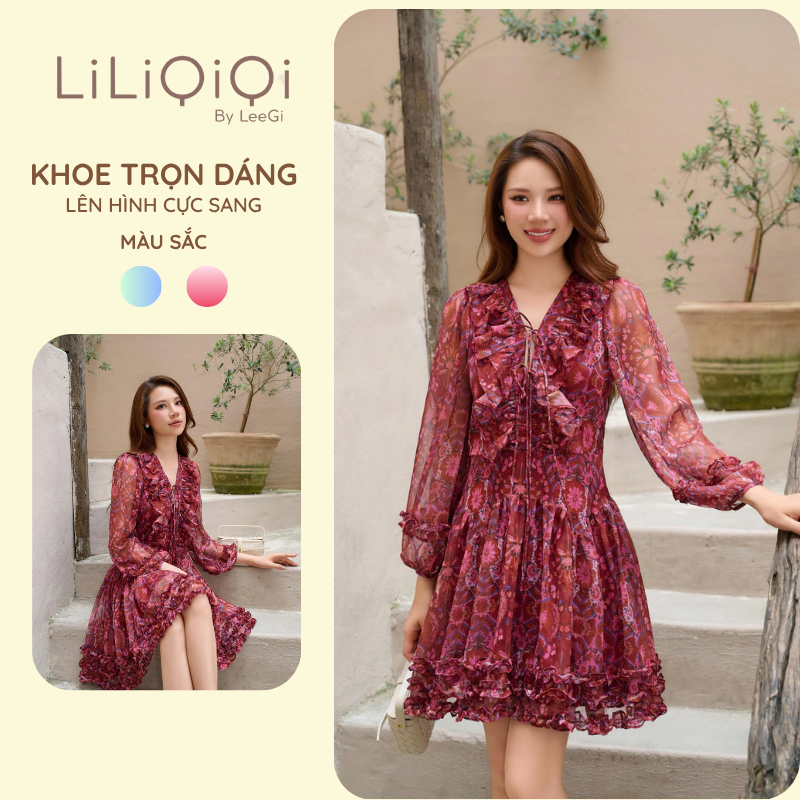 [KOL] Váy Nữ Sang Chảnh Dáng Ngắn Hoa Nhí Đan Dây Cổ Tay Dài Chiết Eo LiLiQiQi By LeeGi - Min609