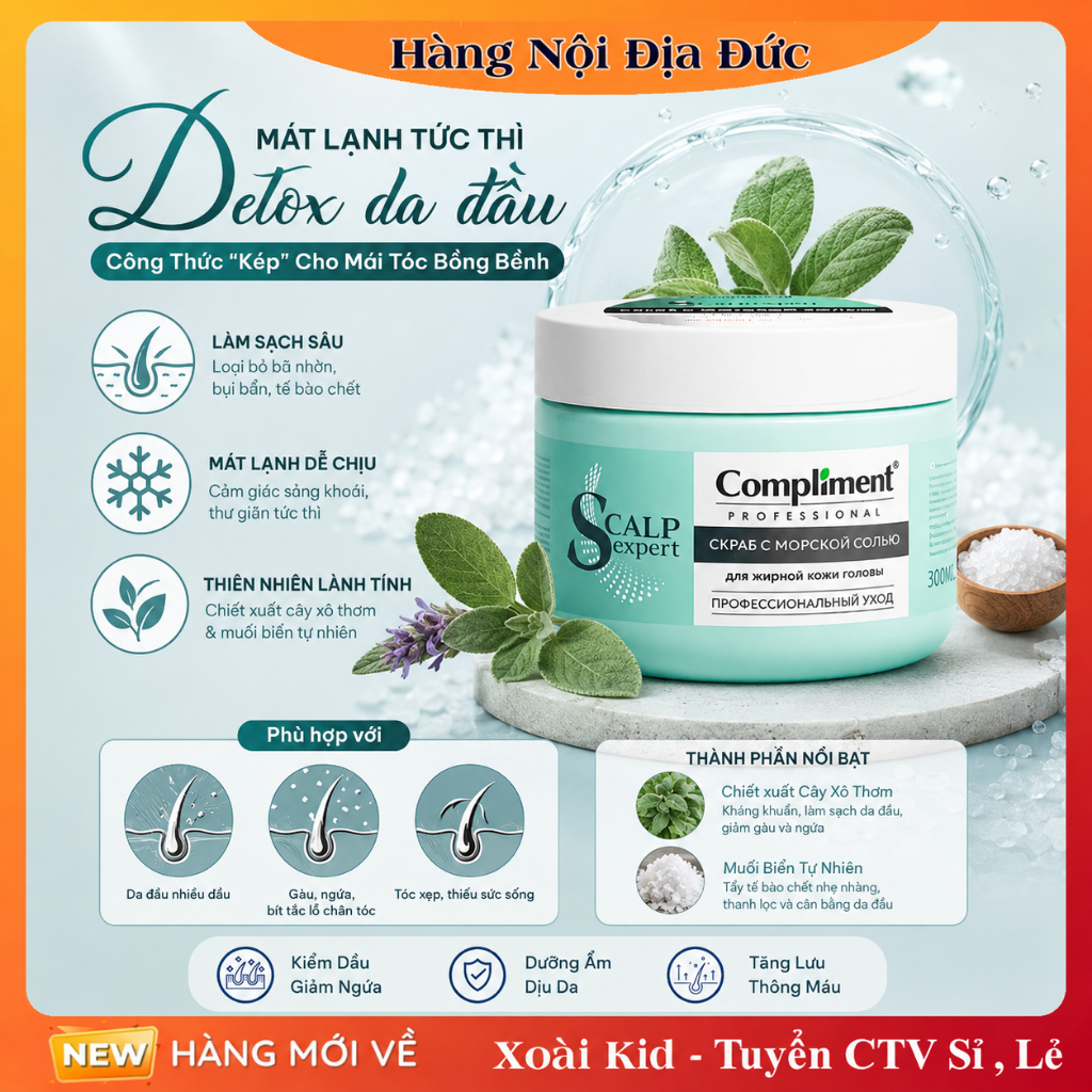 Tẩy Tế Bào Chết Da Đầu Compliment Detox Sạch Sâu, Kiềm Dầu, Ngăn Gàu, Giảm Ngứa 300ml của Nga