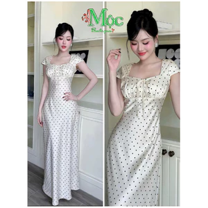 Đầm váy dài Lụa Tô Châu chấm Bi cổ vuông phối dây rút ngực dáng xoè mềm mại sang trọng cao cấp