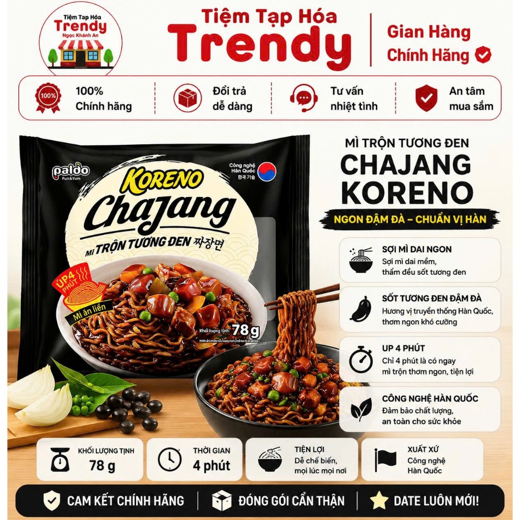 Mì Trộn Tương Đen Chajang Koreno 78G Thùng 20 Gói Không Cay - Đậm Đà Chuẩn Vị Hàn, Sợi Mì Dai Ngon, Trộn Là Mê