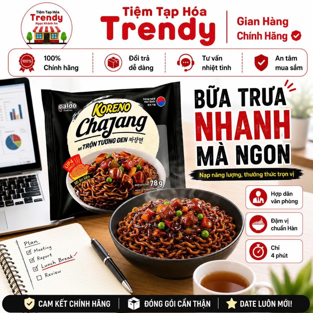 Mì Trộn Tương Đen Chajang Koreno 78G Thùng 20 Gói Không Cay - Đậm Đà Chuẩn Vị Hàn, Sợi Mì Dai Ngon, Trộn Là Mê