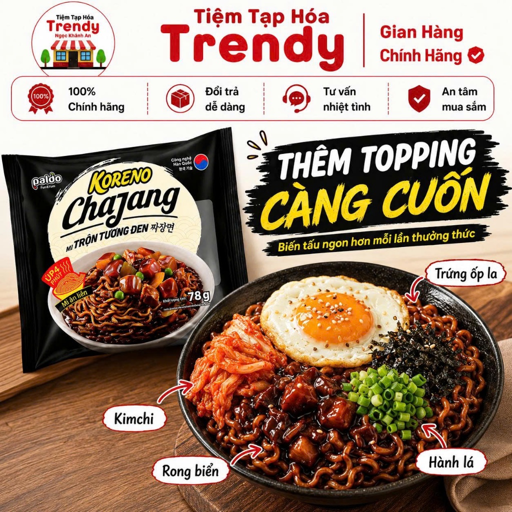 Mì Trộn Tương Đen Chajang Koreno 78G Thùng 20 Gói Không Cay - Đậm Đà Chuẩn Vị Hàn, Sợi Mì Dai Ngon, Trộn Là Mê