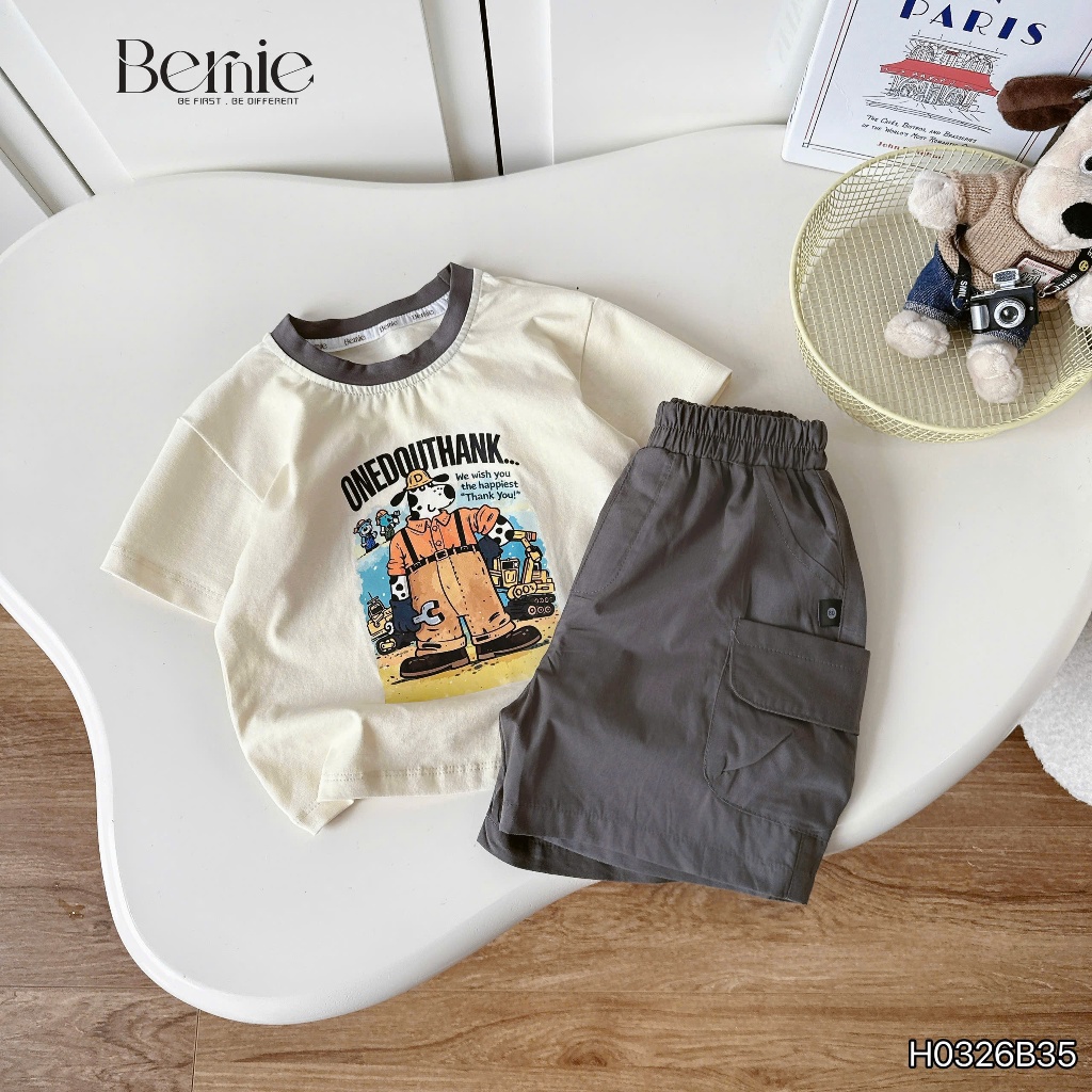 Bộ cộc happy worker áo cotton phối quần kaki cho bé, bộ thun cổ tròn in hoạ tiết cá tính, sành điệu cho con