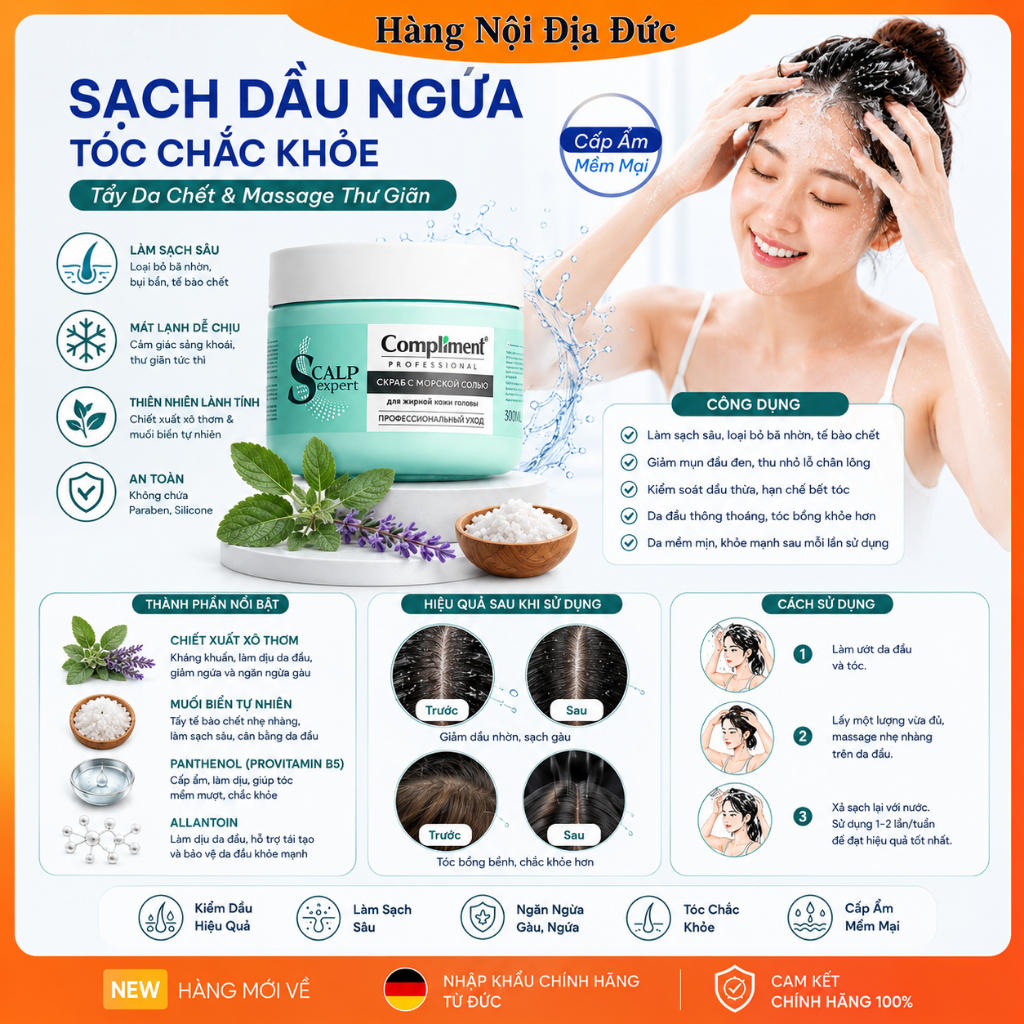 Tẩy Tế Bào Chết Da Đầu Compliment Detox Sạch Sâu, Kiềm Dầu, Ngăn Gàu, Giảm Ngứa 300ml của Nga