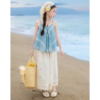 [B&G] Sét bộ áo 2 dây xanh kèm quần dài thêu trắng nhẹ nhàng cho bé gái đi biển mùa hè, đi chơi