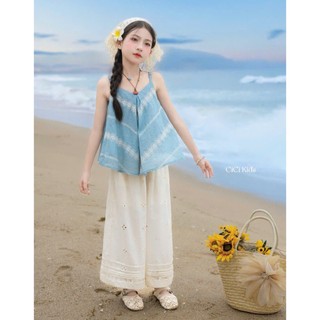 [B&G] Sét bộ áo 2 dây xanh kèm quần dài thêu trắng nhẹ nhàng cho bé gái đi biển mùa hè, đi chơi