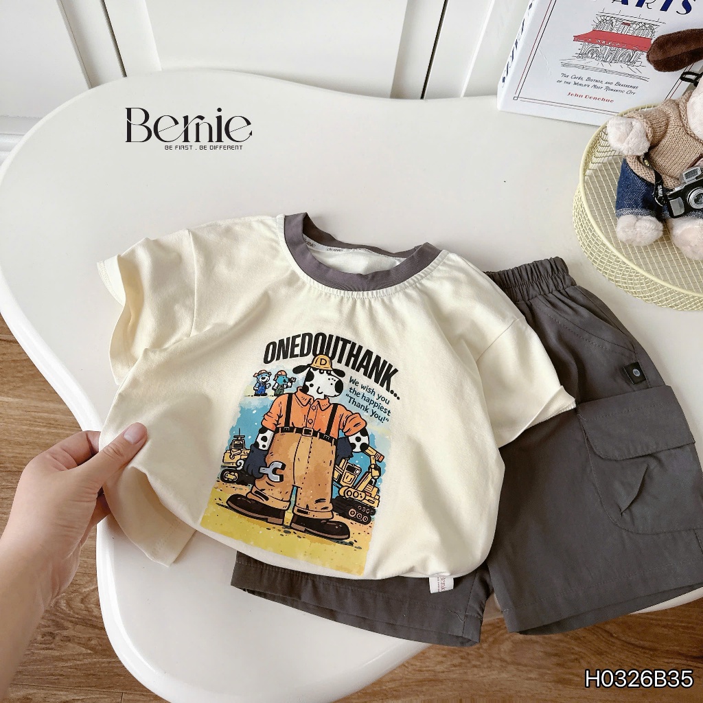 Bộ cộc happy worker áo cotton phối quần kaki cho bé, bộ thun cổ tròn in hoạ tiết cá tính, sành điệu cho con