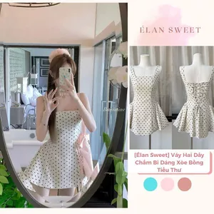 Váy Hai Dây Chấm Bi Dáng Xòe Bồng Tiểu Thư, Váy Hai Dây Bản To Ngắn Ôm Eo Phong Cách Hàn Quốc