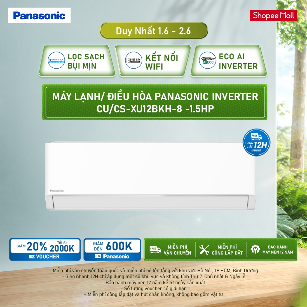 [ELPN2TW GIẢM TỐI ĐA 2TR] Máy lạnh/Điều hòa Panasonic Inverter CU/CS-XU12BKH-8 -1.5HP-1 chiều-ECO AI