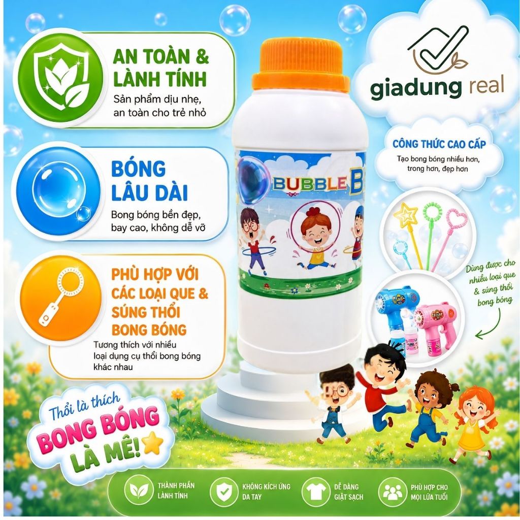 Nước bong bóng xà phòng khổng lồ Bubble Big chai 1 lít dùng cho que gậy súng bong bóng cỡ lớn