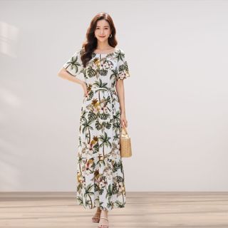 Váy hoa maxi đi biển Dress Women bẹc vai, tay bồng vải lanh