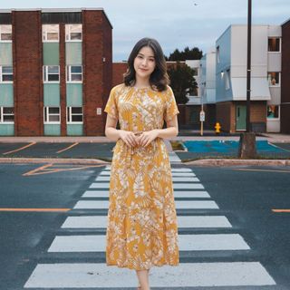 Váy hoa maxi đi biển Dress Women bẹc vai, tay bồng vải lanh