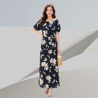 Váy hoa maxi đi biển Dress Women bẹc vai, tay bồng vải lanh