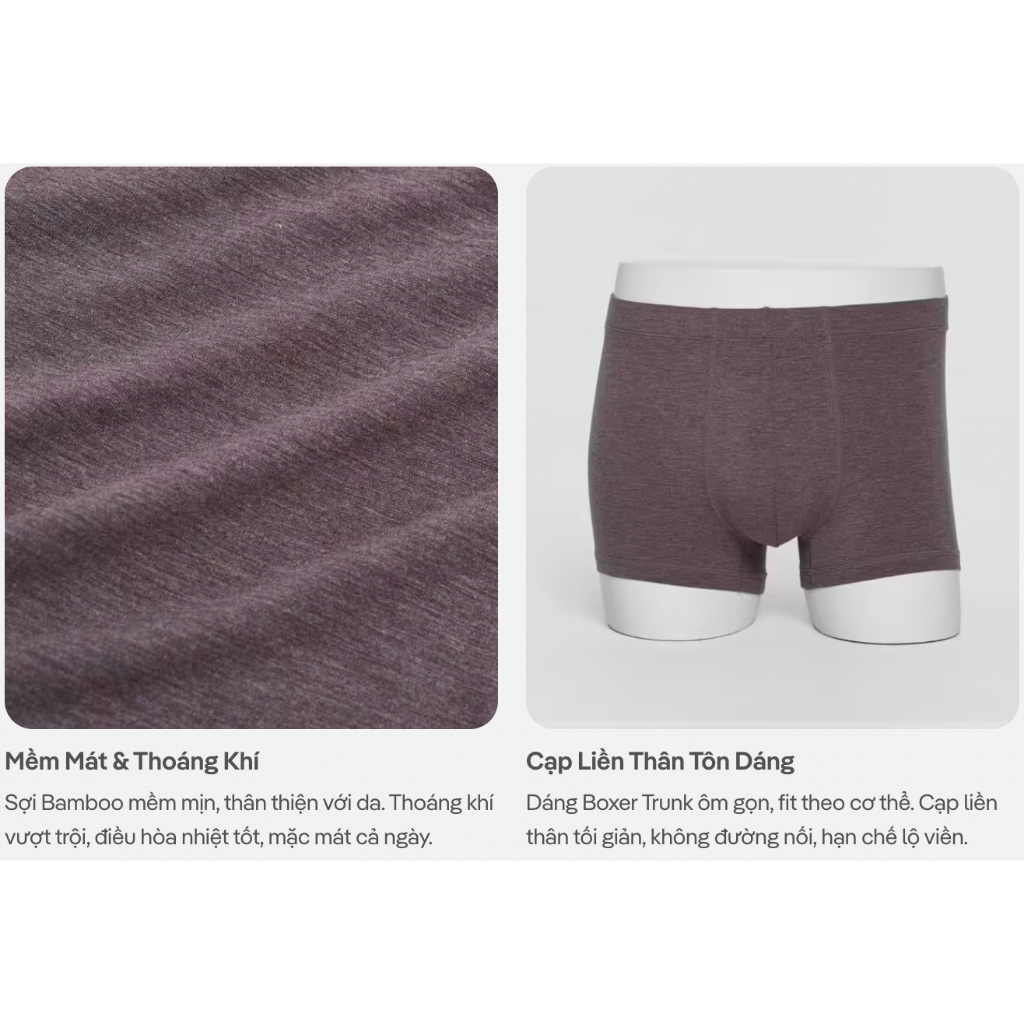 [MUA 3 TẶNG 1]Combo 3 Quần Lót Nam Trunk Bamboo Melange kháng khuẩn, thoáng mát, thấm hút Coolmate