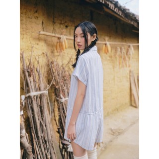 Jumpsuit OLV sọc xanh rút dây Light Blue Linen Striped Drawstring phù hợp đi chơi đi biển