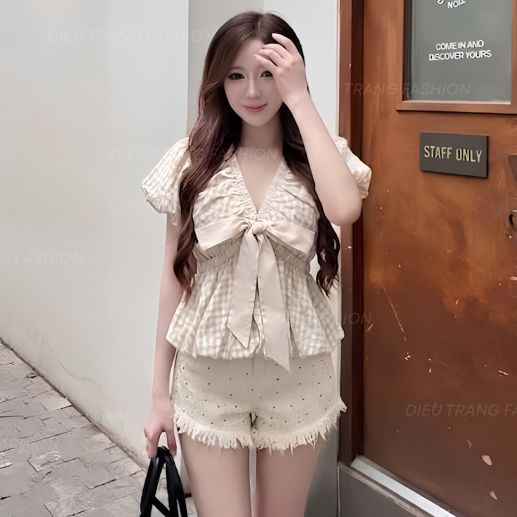 Áo Babydoll Nữ Caro Tay Bồng Nơ Ngực Chiết Eo Tôn Dáng Big Size 55-90Kg AT9128 Diệu Trang Fashion