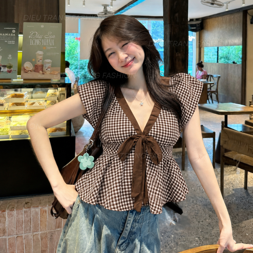 Áo Babydoll Nữ Caro Tay Bồng Nơ Ngực Chiết Eo Tôn Dáng Big Size 55-90Kg AT9128 Diệu Trang Fashion