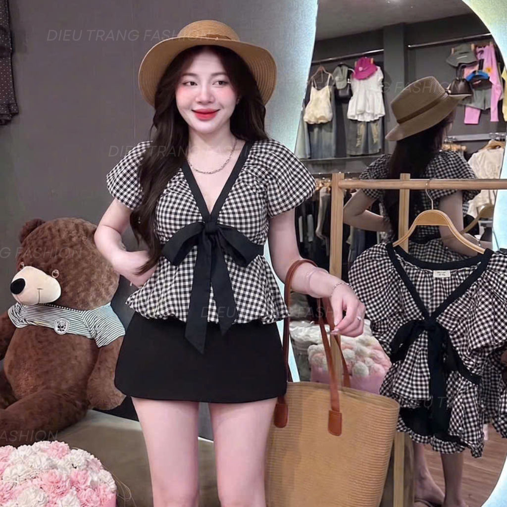 Áo Babydoll Nữ Caro Tay Bồng Nơ Ngực Chiết Eo Tôn Dáng Big Size 55-90Kg AT9128 Diệu Trang Fashion