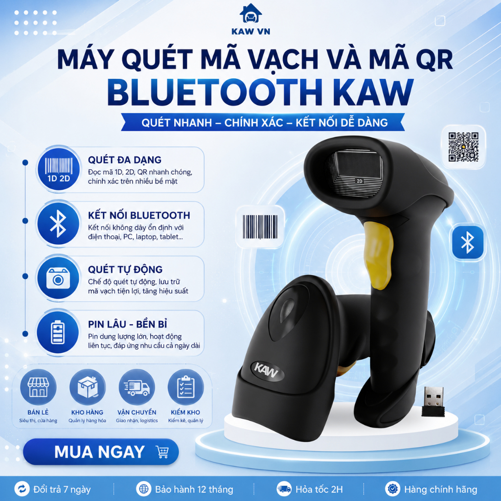 Máy quét mã vạch không dây Bluetooth KAW cao cấp, quét mã vạch, quét mã QR, kết nối điện thoại