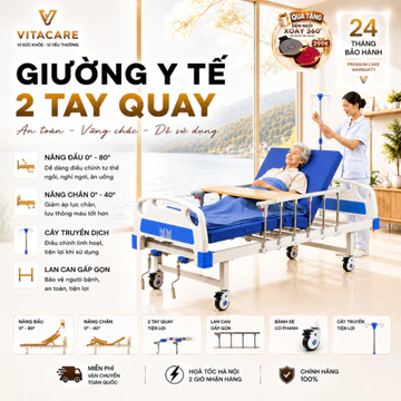 Giường Y Tế Nâng Hạ bệnh nhân loại 2 Tay Quay, Giường bệnh nhân nâng hạ Lưng và Chân, Giường gấp Có Bàn Ăn, 2 Thanh Chắn