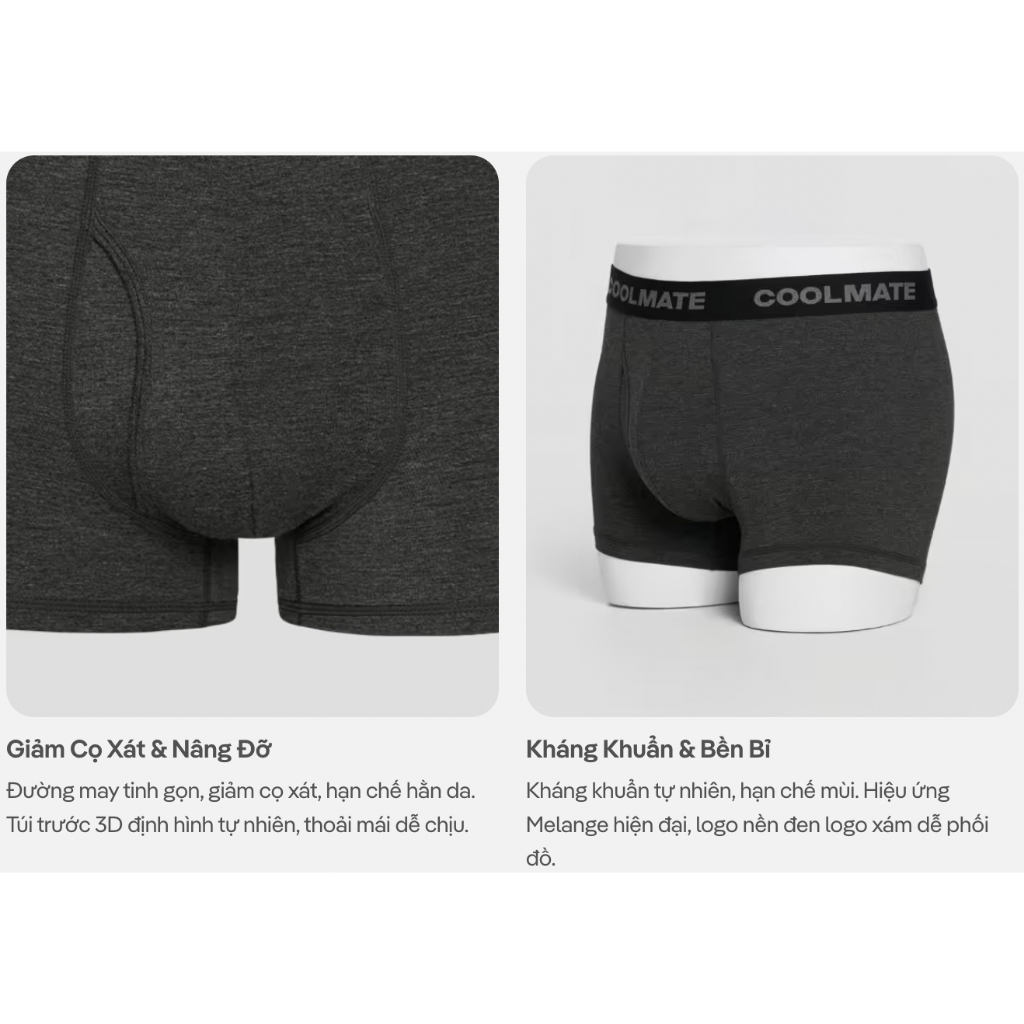 [MUA 3 TẶNG 1]Combo 3 Quần Lót Nam Trunk Bamboo Melange Logo khe moi kháng khuẩn, thoáng mát, thấm hút Coolmate