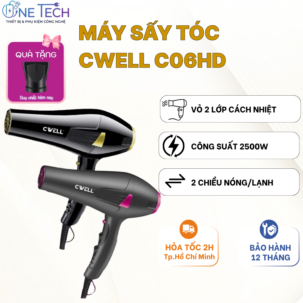 Máy Sấy Tóc CWELL Công Suất Cao 2500W, 3 Chế Độ Nhiệt 2 Chế Độ Gió Tạo Kiểu Tóc Chuẩn Salon C06HD
