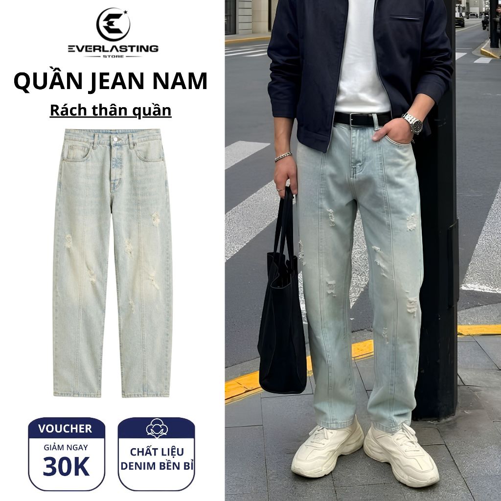 Quần jean nam ống suông rách thân quần phong cách streetwear
