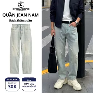 Quần jean nam ống suông rách thân quần phong cách streetwear