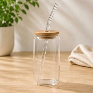 Cốc Thuỷ Tinh Thẳng Chịu Nhiệt Nắp Gỗ Decor Kèm Ống Hút 500ml, Uống Trà Sữa Cà Phê